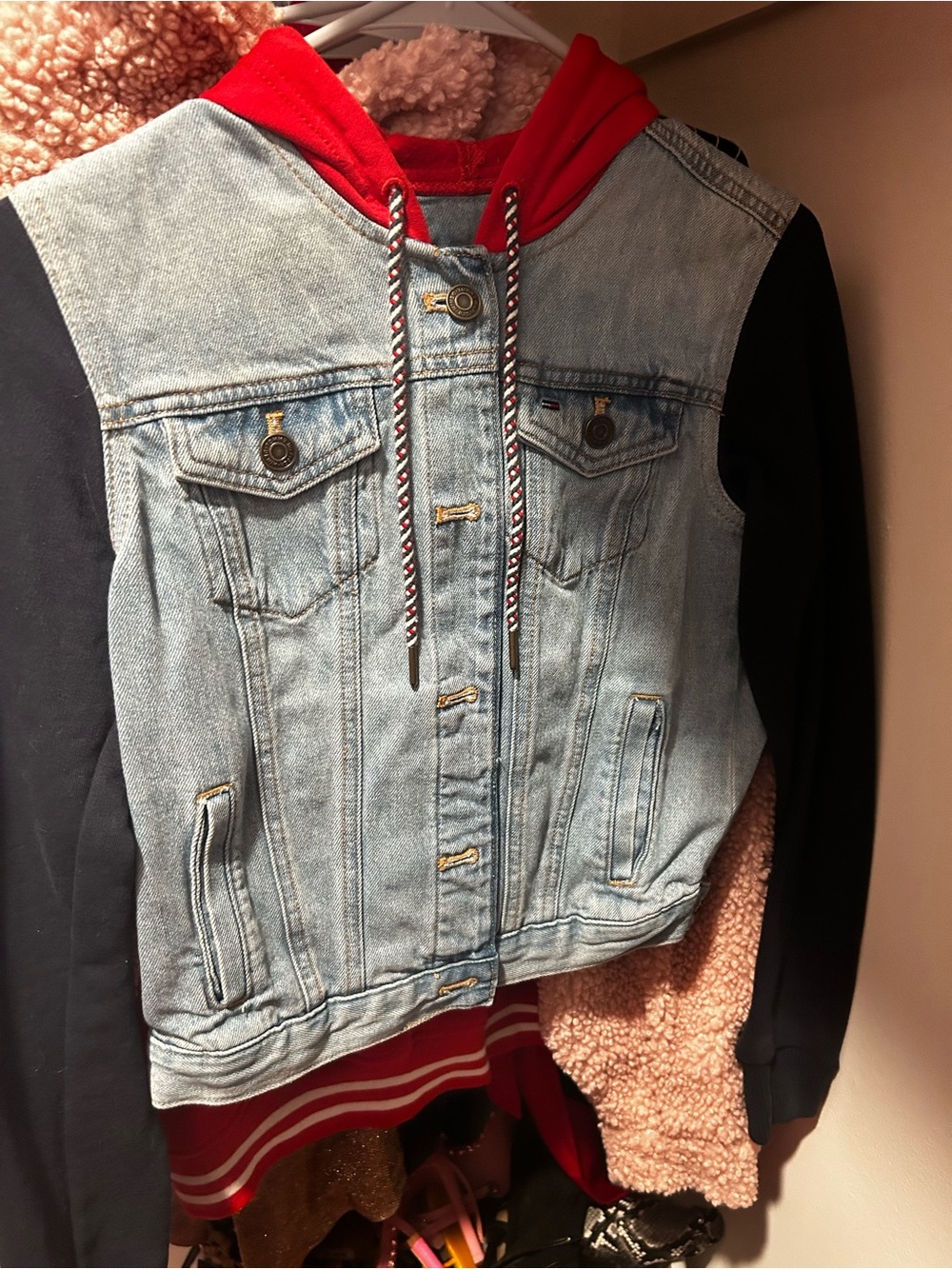 Tommy Hilfiger Light Blue Denim Jacket with Red Hood and Black Sleeves